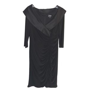 Adrianna Papell Black Satin Shawl Neck Ruched Wrap Dress Size 14